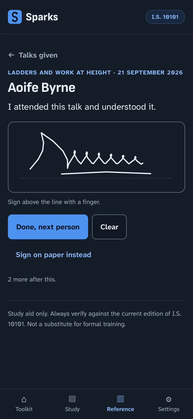 The signing screen in Sparks: the name Aoife Byrne, the declaration I attended this talk and understood it, a signature drawn with a finger above a dotted line, and buttons to move to the next person, clear, or sign on paper instead.