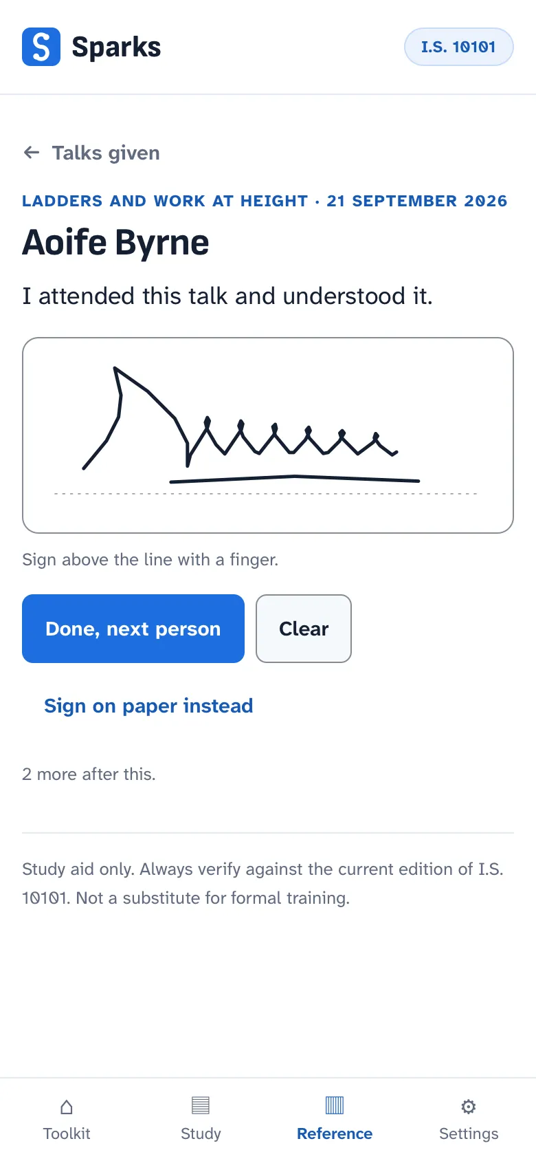 The signing screen in Sparks: the name Aoife Byrne, the declaration I attended this talk and understood it, a signature drawn with a finger above a dotted line, and buttons to move to the next person, clear, or sign on paper instead.
