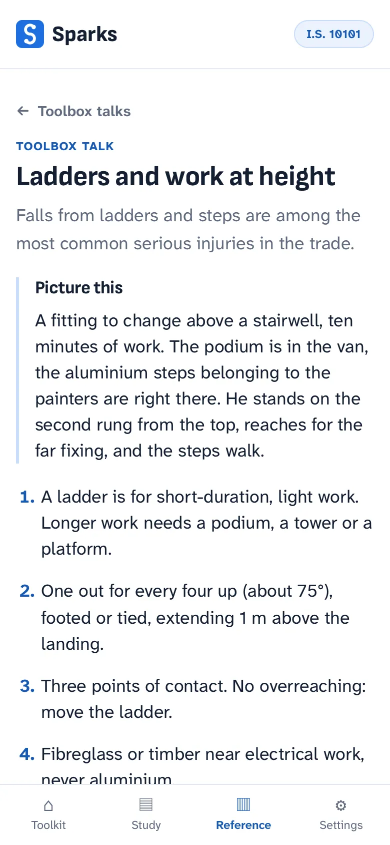 A toolbox talk in Sparks, Ladders and work at height: why it is given, a short scene under the heading Picture this, then numbered points to read to the crew.